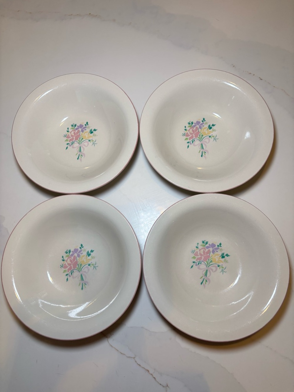 Charming VTG Sango China 'Joan T8851' Set of 4 Soup Bowls Flowers & Pink Trim